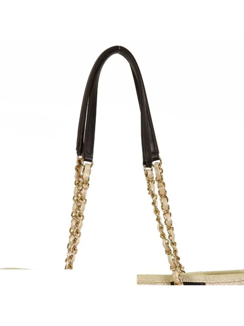 Chanel Deauville MM Beige Gold Canvas Leather 2-Way Shoulder Bag